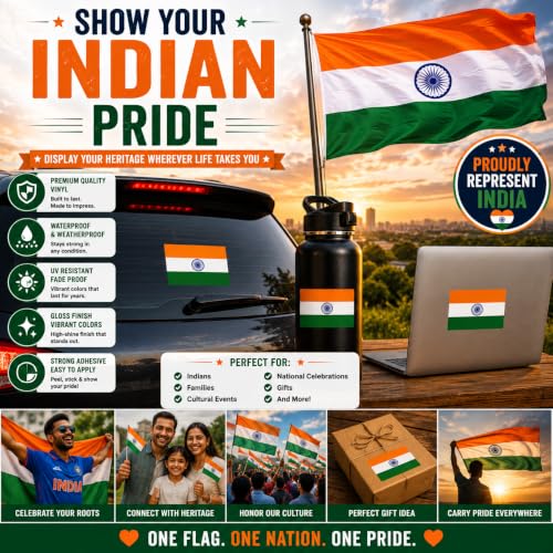 Image of Indian Vinyl Flag Stickers, Car Decals, Waterproof Indoor Outdoor, Laptop Stickers, Car Bumper, India Flag, 5 x 3 Inches, Set of 3