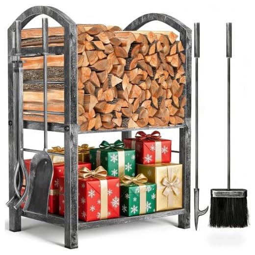 Amagabeli Estante para Leña de Chimenea con 4 Herramientas - 70x40x30cm Soporte para Estufa de Leña - Conjunto Plata Antigua