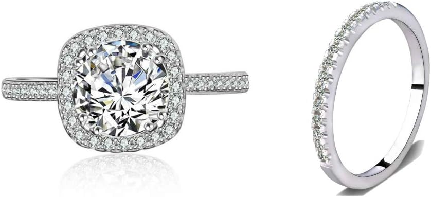 BeFab Cz Bridal Ring Set Accented Round Halo Engagement Ring Matching Half Eternity Wedding Band Size 4-10