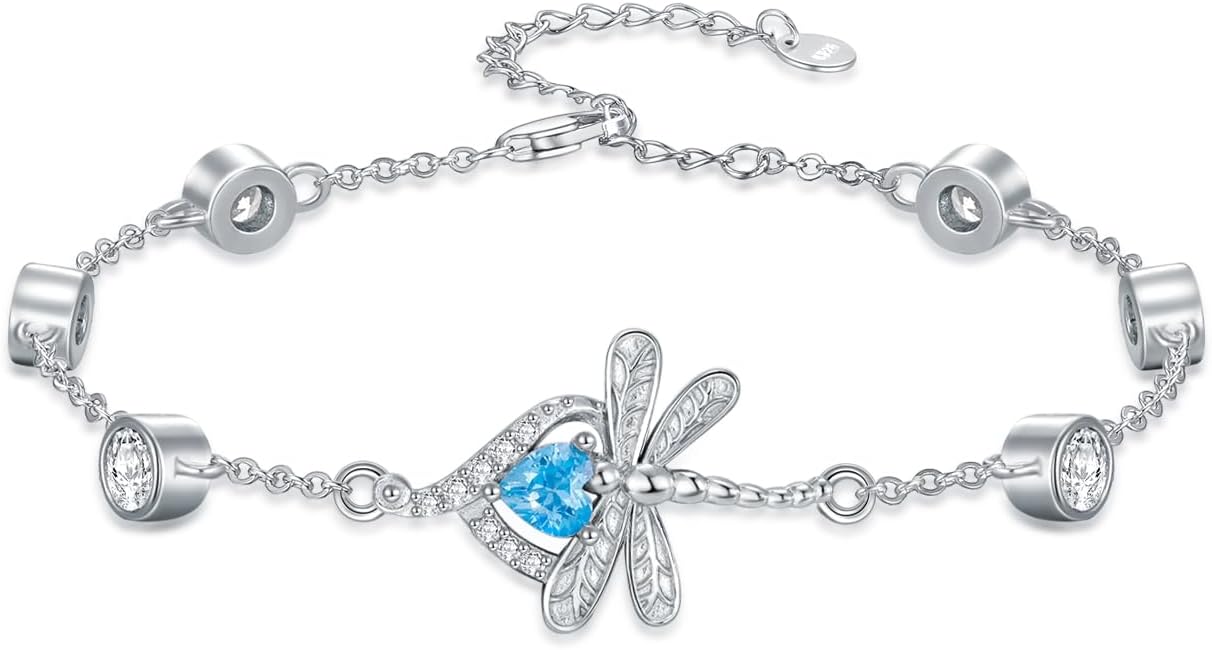 Dragonfly Bracelet for Women 925 Sterling Silver Heart Dragonfly Bracelet Animal Jewelry Gifts for Wife Girlfriend
