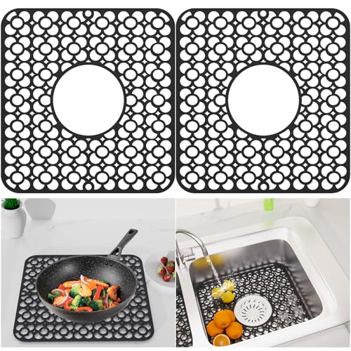 Image of TOOVEM 2PCS Kitchen Sink Mats, Sink Protectors for Kitchen Sink, 11.5 x12.25 Inch Silicone Heat Resistant Non-Slip for Bottom of Kitchen Stainless Steel Sink Mats, Black