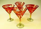 Martini Glasses, Hand Blown, Red Swirl 14 Oz (Set of 4)
