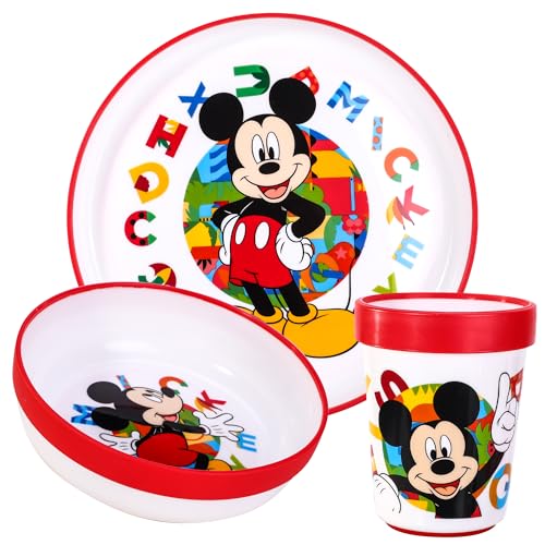 Mickey Mouse - Juego de 3 vajillas reutilizables bicolor para niños, plato y vaso, sin BPA Mickey Mouse - Juego de 3 vajillas reutilizables bicolor para niños, plato y vaso, sin BPA
