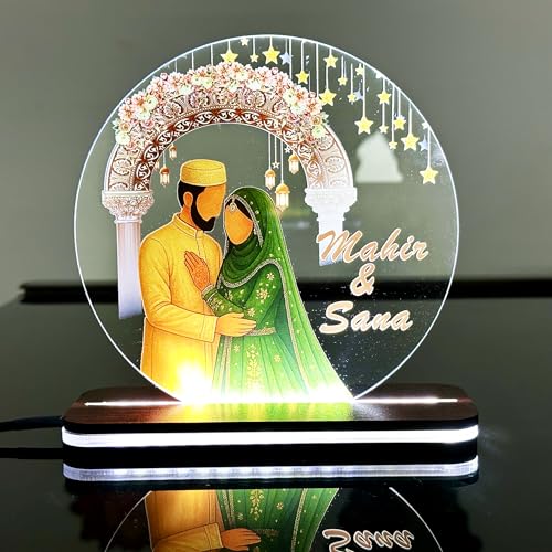 Image of Customised Muslim Wedding Led Acrylic Lamp Custom Islamic Couple Name Light Gift Nikah Decor With Stars & Lanterns Engagement Or Walima Keepsake,Green