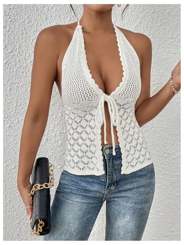 SOLY HUX Women's Crochet Tie Front Halter Neck Crop Camisole Top Swimsuit Cover Up Beachwear2