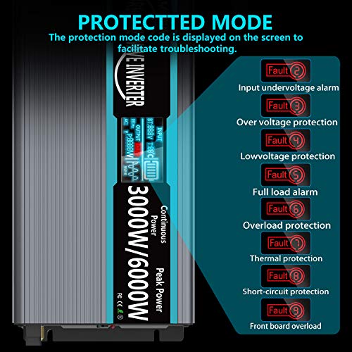 FLAMEZUM Pure Sine Wave Power Inverter 3000Watt DC 12 Volt to 120Volt Peak Power 6000Watt with LCD Display and Remote Control 2X 2.4A USB and 4X AC Outlets