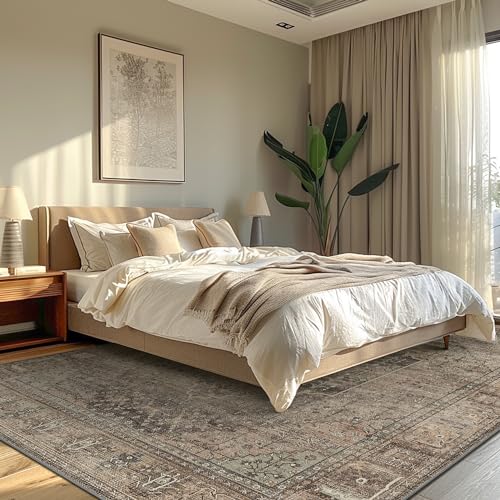 GENIMO 8x10 Area Rug for Living Room, Non Slip Machine Washable Low Pile Large Rug, Indoor Vintage Lightweight for Bedroom, Dining Room & Home Office, TAN