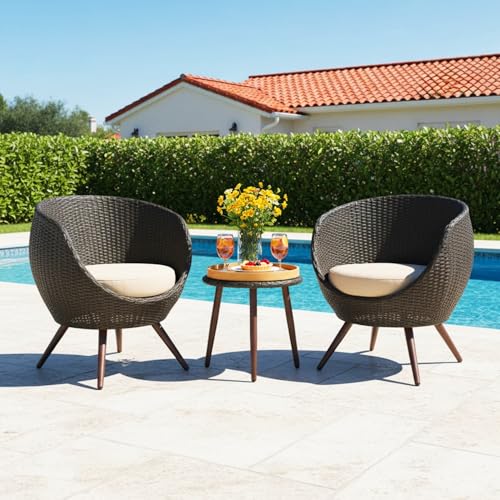 Image of DEVOKO 3 Pieces Outdoor Patio Wicker Furniture Conversation Set with Round Table for Balcony, Terrace, Garden (Dark Brown & Cream)