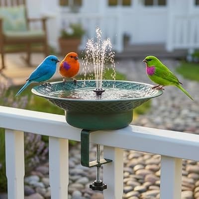 MinWadil Deck Mounted Bird Bath for Outside, 12.6" Metal Solar Bird Bath with Fountain, Adjustable Railing Clamp for Balcony & Patio, Outdoor Birdbath for Garden Yard Decor