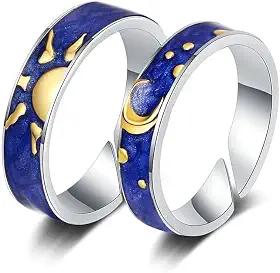 Par Aliança Sol E Lua Azul e Dourado Céu Estrelado Casal Anel Ajustável Namoro Caixinha