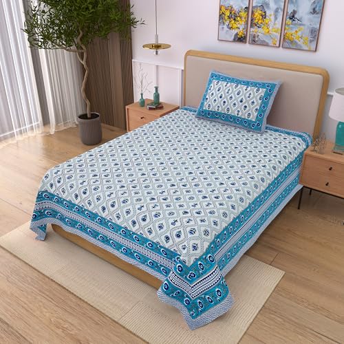 Image of 100% Cotton Single Bedsheet with 1 Pillow Cover | 240 TC Pure Cotton Flat Bed Sheet | Traditional Jaipuri Printed Bedding Set | Soft & Breathable | 60 x 90 Inch (Rangmahal Single 37)