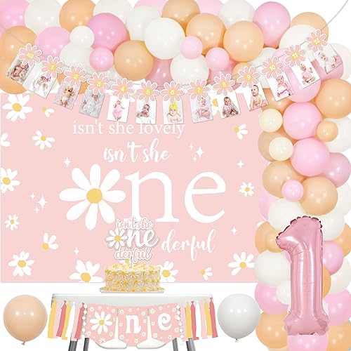 Daisy 1st Birthday Decorations Girl - Isnt She Lovely Isnt She Onederful Backdrop Cake Topper with Daisy Balloon Garland Arch Kit Boho Hippie Baby Girl First Bday Supplies