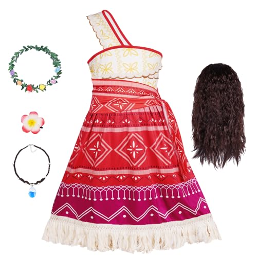 DiULi Disfarce de Vaiana princesa, vestido de noite para meninas, disfarce de muda com coroa flores, colar, pinças, perucas e cintos, vestido de vaca menina para o Havaí, Natal, aniversário, carnaval