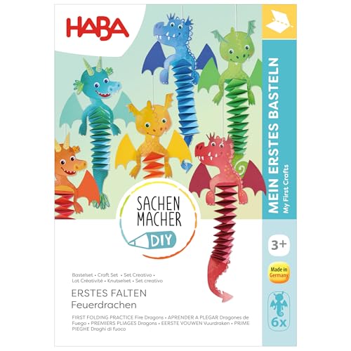 HABA Sachenmacher Bastelset Erstes Falten Feuerdrache (6er Set) Drachen basteln ab 3 Jahren Hexentreppen Falt-Set für Kinder Fensterdeko für Kita & Zuhause - 2013241