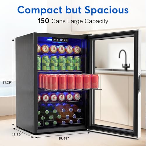 Image of FoMup Beverage Refrigerator 150 Can with Glass Door - Mini Drink Cooler with Reversible Door, Safety Lock & Temperature Control, Small Fridge for Beer Soda Wine, Compact for Dorm Office Hotel