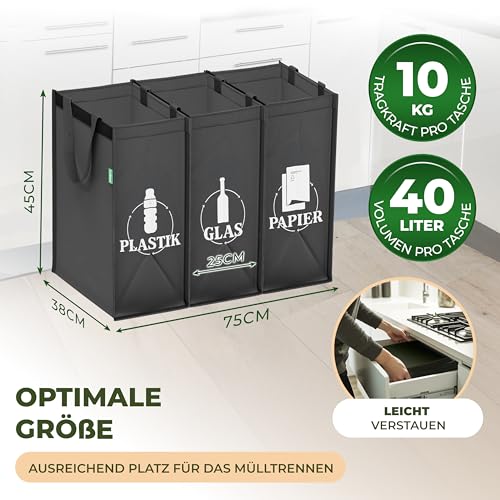 COTTARA® Mülltrennsystem 3fach Plastik, Glas, Papier | Stabiler Stand 4 x Stabilisatoren | Perfekt als Mülltrenner, Pfandflaschen Aufbewahrung, Recycling Behälter, Altpapier Sammler | Schwarz