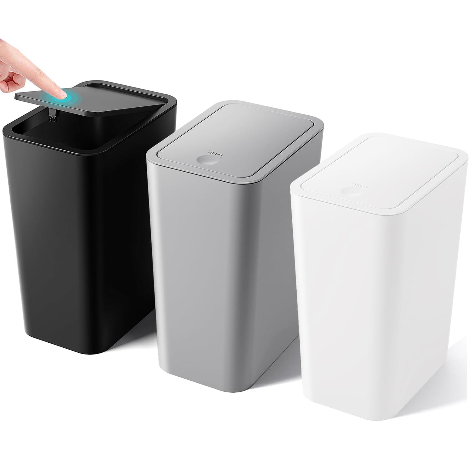 3 Pack Slim Bathroom Bin with Lid, 10L Bedroom Bin with Pop-Up Push-Button Lid Small Thin Plastic Bins, Narrow Trash Can Anti-Odour Pet Proof Waste Basket for Toilet,Kitchen,Living Room,Office