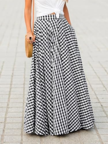 ebossy Retro Plaid Long Skirts for Women High Waist Pleated Flowy Swing A-line Maxi Skirts with Pockets3
