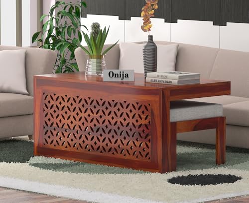 Image of ONIJA Modern Wooden Coffee Table with Carved Jali Design & Cushioned Stool | Center Table with Hidden Seating | Solid Wood Living Room Table (Honey Finish)
