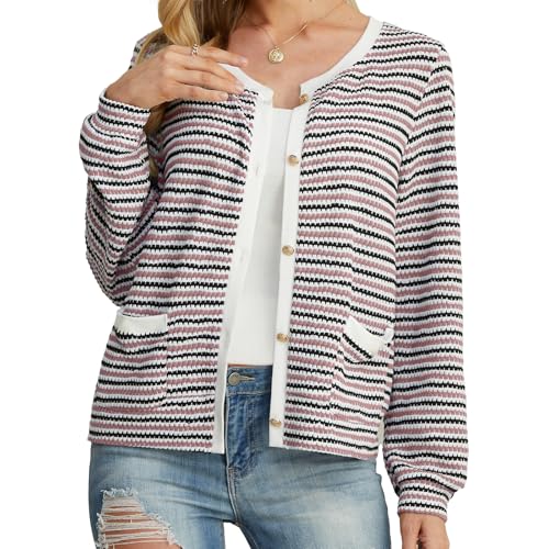 Image of Women's Mauve Casual Dressy Stirped Cardigan with Patch Pocket Sweaters Crew Neck Lady Lightweight Jacket 2024 Fall Winter Size XXL
