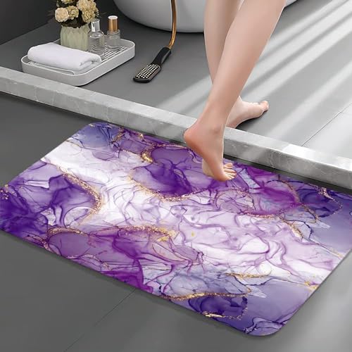 Xiaoput Purple Bath Mat, Marble Texture Abstract Bathroom Rugs No Silp, Purple Gold Colorful Romantic Abstract Bathroom Kitchen Door Mat, Soft Modern Luxury Elegant Art Decor 17X29in