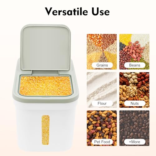 DHQCQL Futtertonne Reisbehälter 10KG, Futterbehälter mit Reistasse, Futteraufbewahrung für Hunde, Reisspender für Reis, Mehl, Cornflakes, Hundefutter, Katzenfutter, 22 * 38 * 23cm, Grün