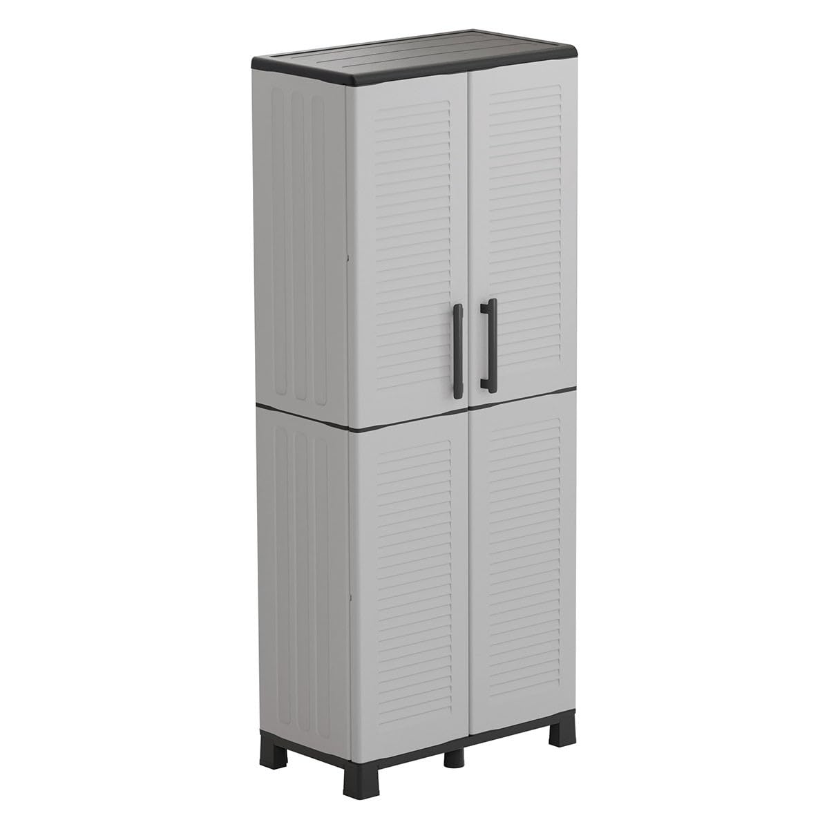 INTEC - Armoire de Rangement Grise 2 Portes 4 Étagères – Meuble Haut Plastique pour Garage, Buanderie, Bureau – Meuble à Pieds H169 cm (68x37x169 cm)