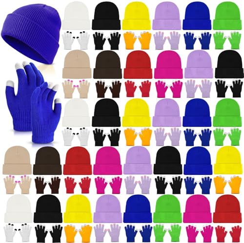 Image of Handepo 60Pcs Kids Winter Beanie and Gloves Bulk Knit Hats Gloves Warm Unisex Cold Weather Winter Gifts for Boy Girl Homeless