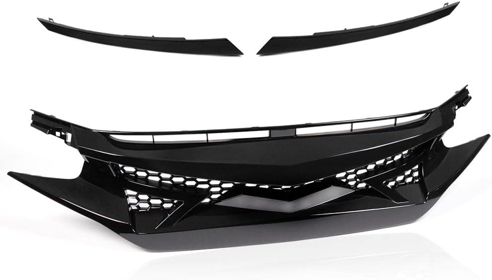 PIT66 Front Bumper Hood Grill Mesh Grille + Hood Bumper Nose Trim Cover, Compatible with Honda Civic Sedan 10th Gen 2016-2018 Glossy Black JDM Battle Style 68431JA00A