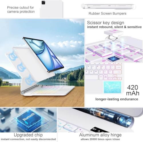 Image of Keyboard Case for iPad Air 13 inch (M4 /2026 /M3 2025 /M2, 2024),iPad Pro 12.9 inch (3 /4 /5 /6th Gen),Easy-Set Magnetic Stand- 7-Color Backlit - Removable Cases with Multi-Touch Trackpad Keyboard (White)