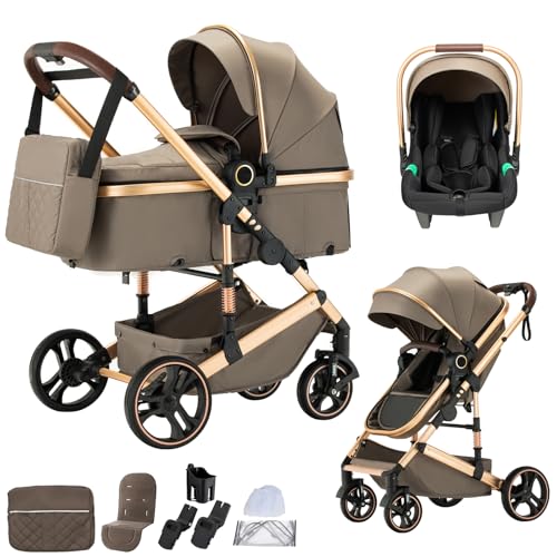 BEBBY Kinderwagen 3 in 1,Kinderwagen Buggy Mit Babyschale,Mit Höhenverstellbarer buggy Komplettset Faltbare tragbare,Buggys Mit Aluminiumrahmen für Neugeborene 0 bis 4 Jahre (H9-BROWN, H9)