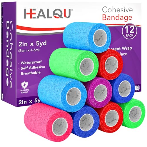 Image of HEALQU Self Adhesive Bandage Wrap - 12 Rolls 2in x 5yd Cohesive Tape for Athletic and Sports - Self Adherent Medical Tape, Flexible, Elastic Bandages Multicolor for Wrist & Ankle Vet Wrap for Dogs