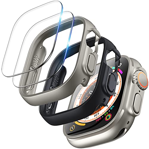 TOCOL 2+2 Stück Hülle für Apple Watch Ultra 49mm Case, 2 Stück iWatch Ultra Case mit 2 Stück Displayschutzglas, 9H HD Bläschenfrei, Kratzfestes Case für iWatch Ultra 49mm - Schwarz/Original Cover