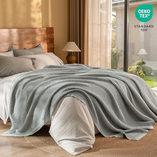 Image of PHF Stone Washed 100% Cotton Waffle Blanket, Vintage Deep Honeycomb Texture, Breathable Thermal Blanket for Bed & Home Decor, All Season Layering - Queen, Frosted Grey