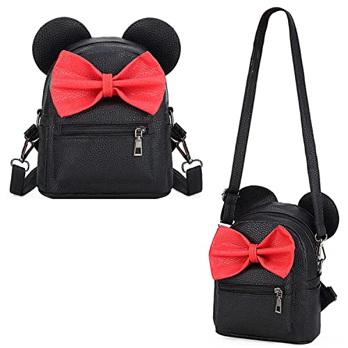 Girls Mini Backpack Purse Mouse Ear Polka-dot Sequin Bow Convertible Backpack to Crossbody Bag for Women (black, W7.5 x H8.7)