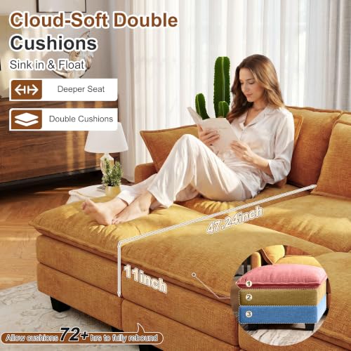 Image of 107 inch Cloud Couch Sectional Modular Sofa, Deep Seat Couches with Ottoman and Removable Washable Pillows for Living Room, Bedroom, Apartment, Orange