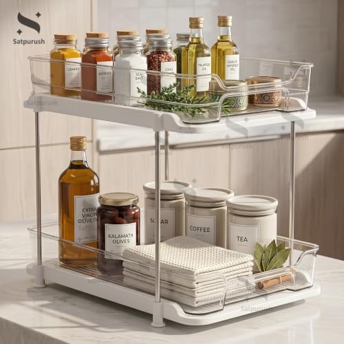 Image of Satpurush 2 Tier Kitchen Organizer Rack for Countertop, Space Saving Multipurpose Organiser with Transparent Trays for Spice Jars, Oil Bottles & Containers (Transparent, Compact (22.5 CM))