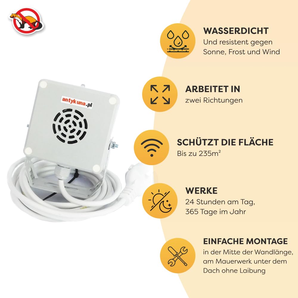 Hermetischer Ultraschall Mardervertreiber Light&Flash – 2 Lautsprecher | Leise 48 dB | Für Dachboden, Garage, Haus & Keller | 230V