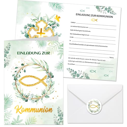 HOWAF 12 Einladungskarten Kommunion Einladung Kommunion mit Umschlägen Aufkleber Eucalyptus Fisch Einladungen Karte Erstkommunion Konfirmation Firmung Taufe für Jungen Mädchen B