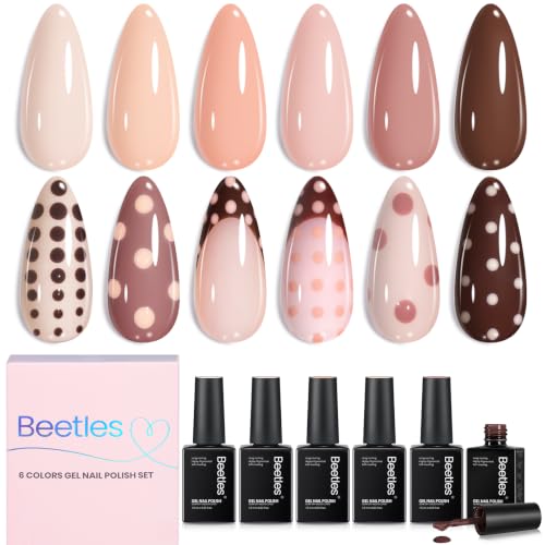 Beetles Nude Gel Polish Set, Skin Tones Collection, 6 Colors | Nude Brown Polka Dot Nails Neutral Polish Gel Design Soak off Uv Led Lamp Needed Manicure DIY Home