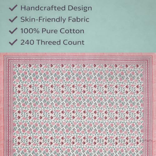 Image of ElanorHomes 240 TC Cotton Double King Size Bedsheet | Ultra-Soft & Skin-Safe | Breathable Summer Comfort | 93x108 inches with 2 Pillow Covers (Pink Shalimar Jaal)