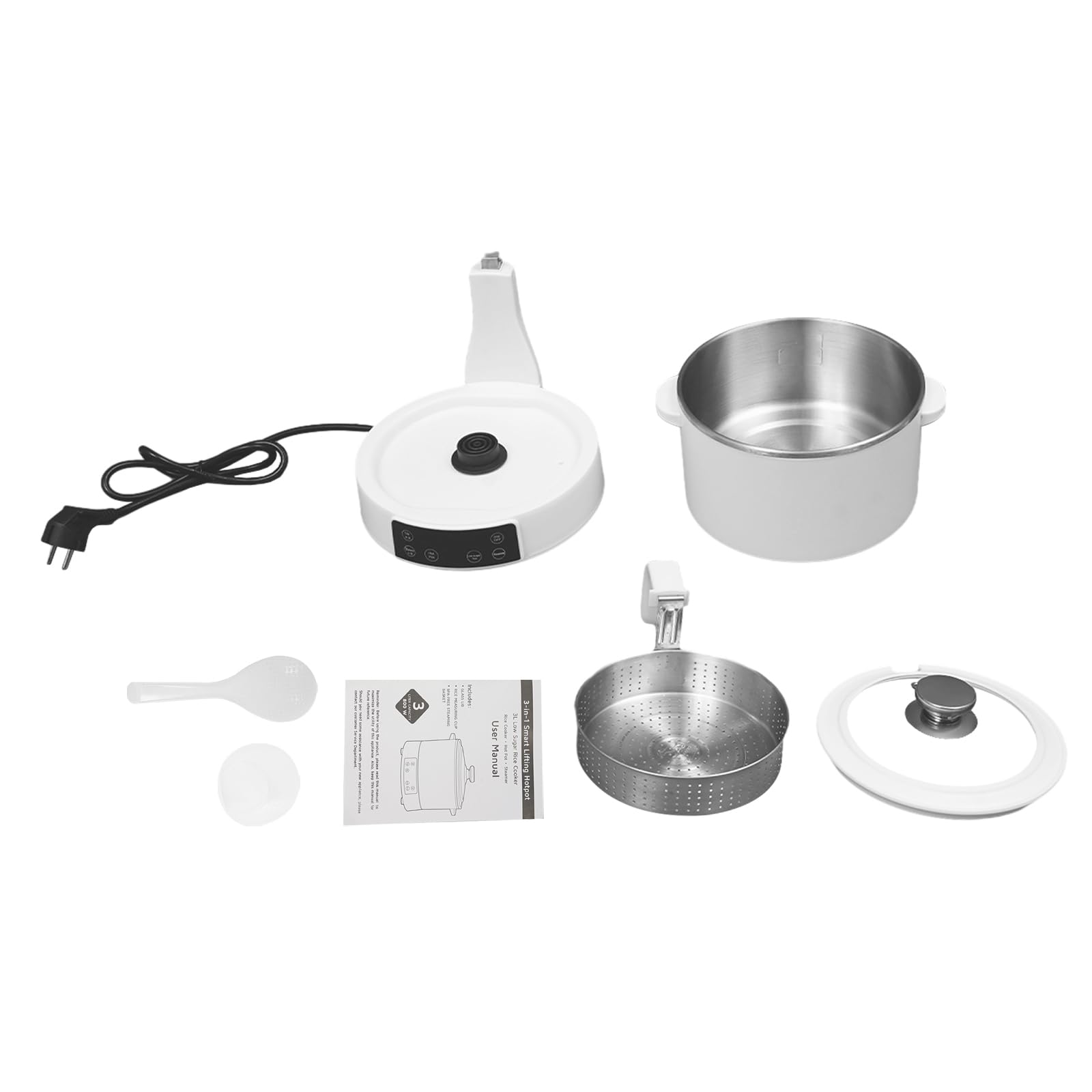 Low Sugar Reiskocher 3L geeignet für 1-3 Personen Rice Cooker mit Messbecher & Reislöffel 1500W Einstellbare Leistung 12H Reservierungszeit (Weiß)