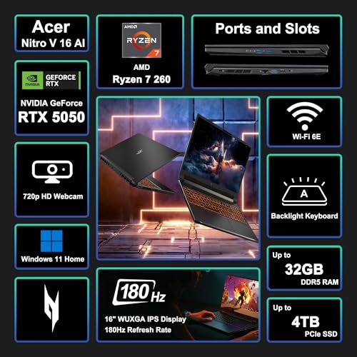 Image of acer Nitro V 16 AI Gaming Laptop 16 inch WUXGA IPS 180Hz AMD 8-core Ryzen 7 260 (Beats i7-13700H) 32GB DDR5 1TB SSD GeForce RTX 5050 (Up to 421 AI Tops) Backlit Wi-Fi6E Win11 ICP Hub