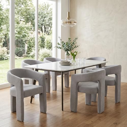 Image of HNY Modern Barrel Kitchen & Dining Room Chairs Set of 6, Chenille Upholstered Accent Chairs with Arm, 18.5'' Wide Side Armchairs Vanity Chairs for Living Room Bedroom Makeup Small Spaces, Grey