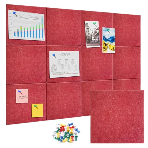 12 Packs Red Felt Pin Board, Large 12' Bulletin Board with 30 Push Pins, Square Felt Board Wall Paneling for Office Home Kitchen, Self-Adhesive Corkboard Tiles for Classroom Message Photos Memos