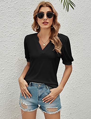 Romanstii Women's Classic-Fit Short Sleeve V-Neck T-Shirt,Black,L #TOP3