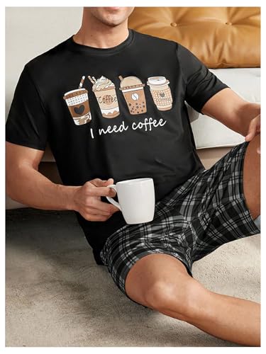 Image of Verdusa Men's Pajamas Set 2 Piece Pjs Sets Short Sleeve Letter Print Tee and Short Lounge Set