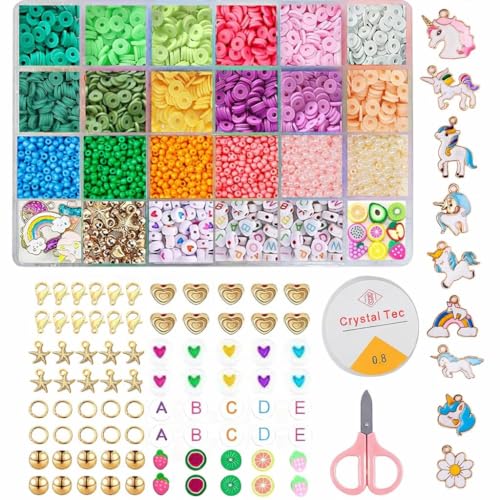 Image of CURVE CREATION Jewellery Making Kit Bracelet Making Kit Macaron Color for Bracelet Making Clay Beads Kit Letter with Unicorn Pendants, Crystal Star Flower Hair Set for DIY Jewelry Crafts (Multicolor 3)