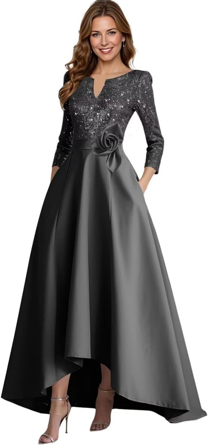 High Low Mother of The Bride Dresses for Wedding Long Sleeve Formal Dress with Pockets He6092