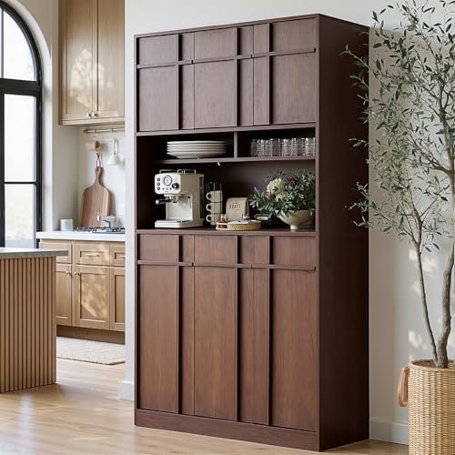 Image of 72 inch Pantry Cabinet, Tall Kitchen Pantry Storage Cabinet with Countertop, Adjustable Shelves, Mid Century Modern Wooden Kitchen Hutch with Skeleton Lines for Living Room, Dining Room, Walnut